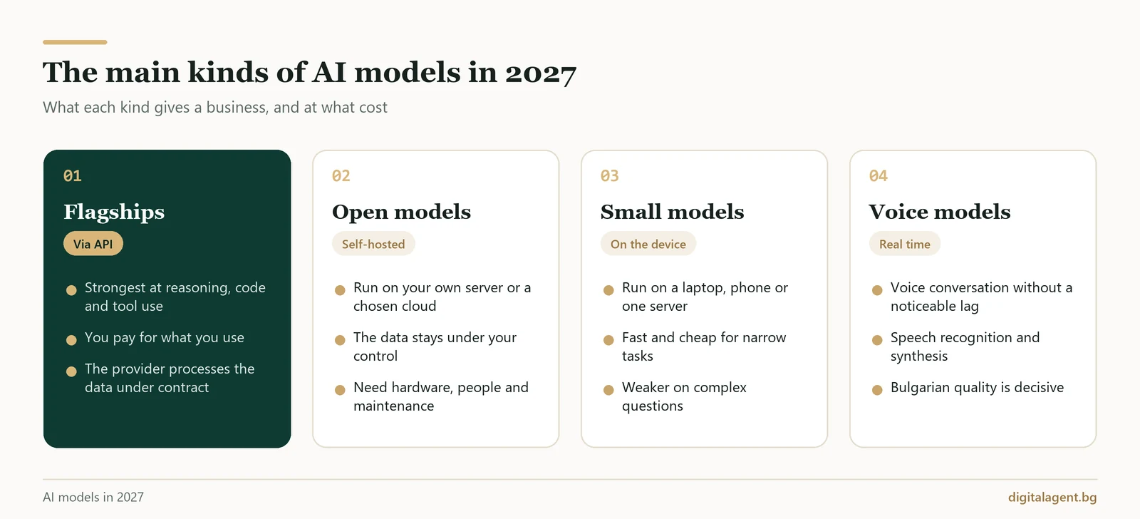 The main kinds of AI models in 2027: flagships via API, open models on your own server, small models and voice models