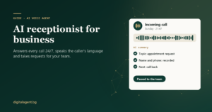 Cover “AI receptionist for business” by Digital Agent with an incoming call and an AI summary of the conversation