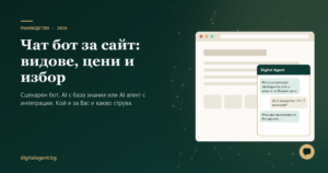Корица „Чат бот за сайт: видове, цени и избор“ от Digital Agent с уебсайт и чат прозорец