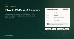 Корица „Clock PMS и AI агент“ от Digital Agent с нова резервация в Clock PMS+ и каналите телефон, чат, WhatsApp и Viber