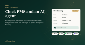 Cover “Clock PMS and an AI agent” by Digital Agent with a new booking in Clock PMS+ and the phone, chat, WhatsApp and Viber channels